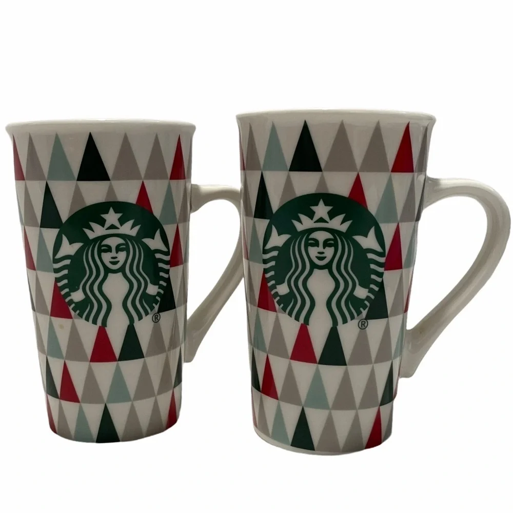 Starbucks Geometric Triangle Tall Mug Set Red Gray White Christmas OS